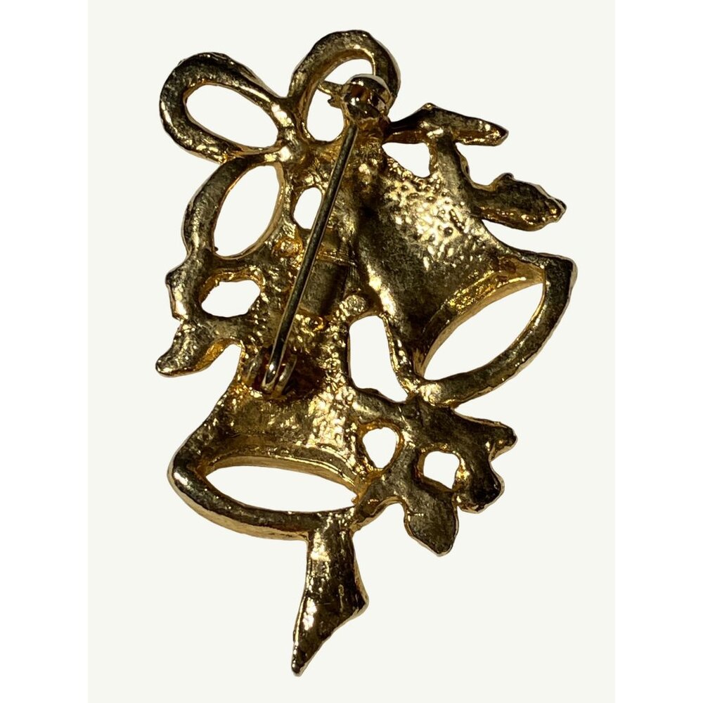 Christmas Red Bell Brooch Pin With Bow And Faux Pearl Accents 2 Inches Vintage - Picture 5 of 5